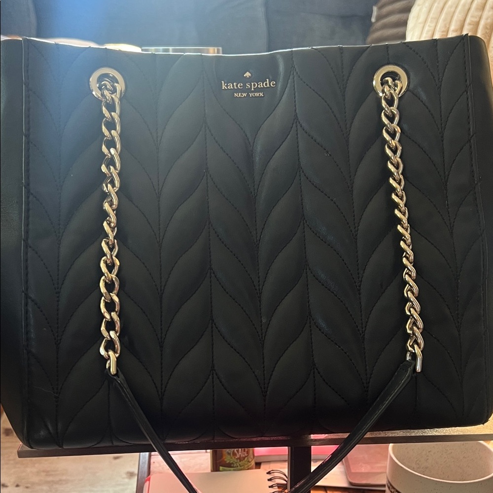 Kate Spade Black Quilted Tote with Gold Chains